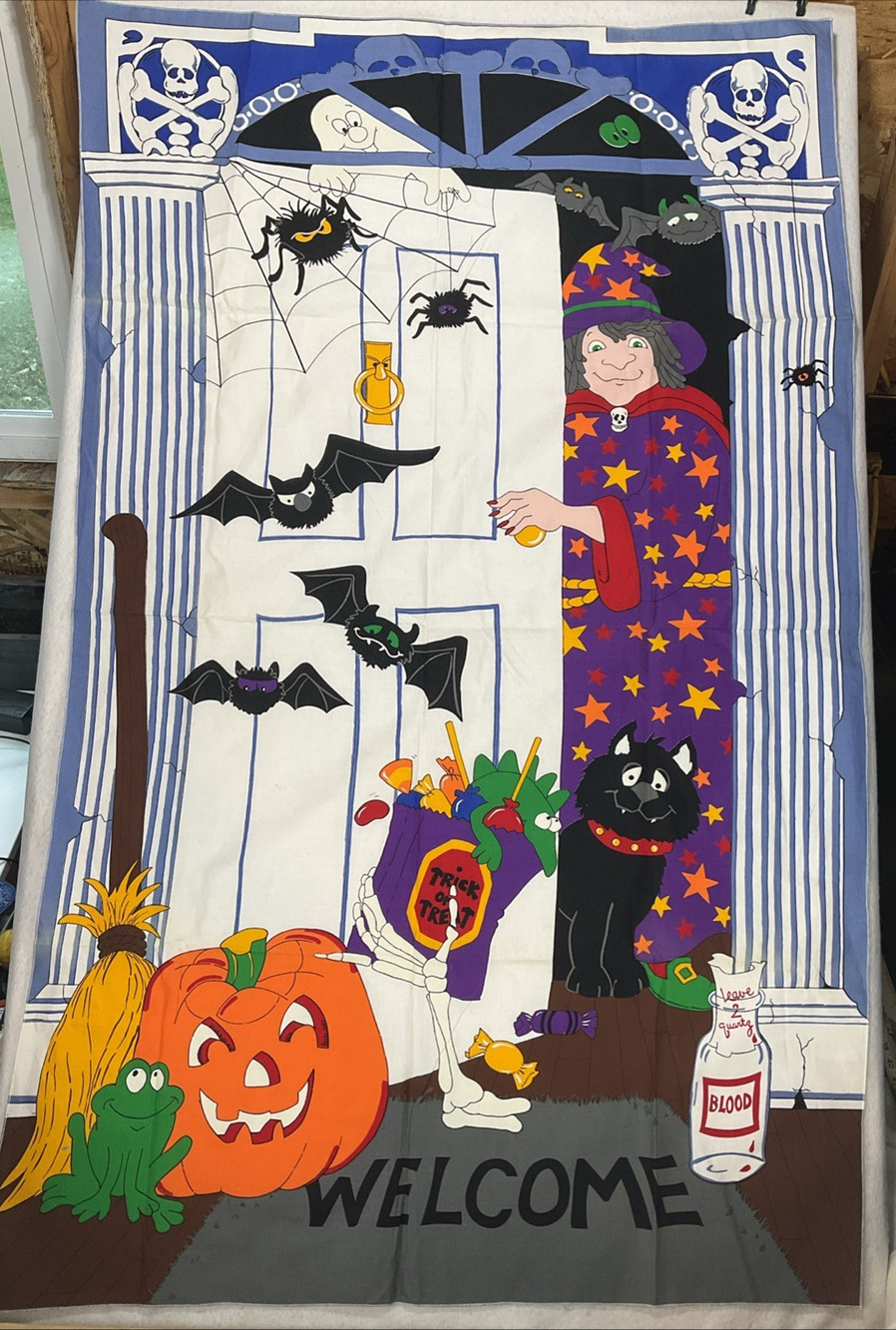 Vintage 80s Halloween Trick or Treat Cloth Door Decoration Cranston Print 56x35